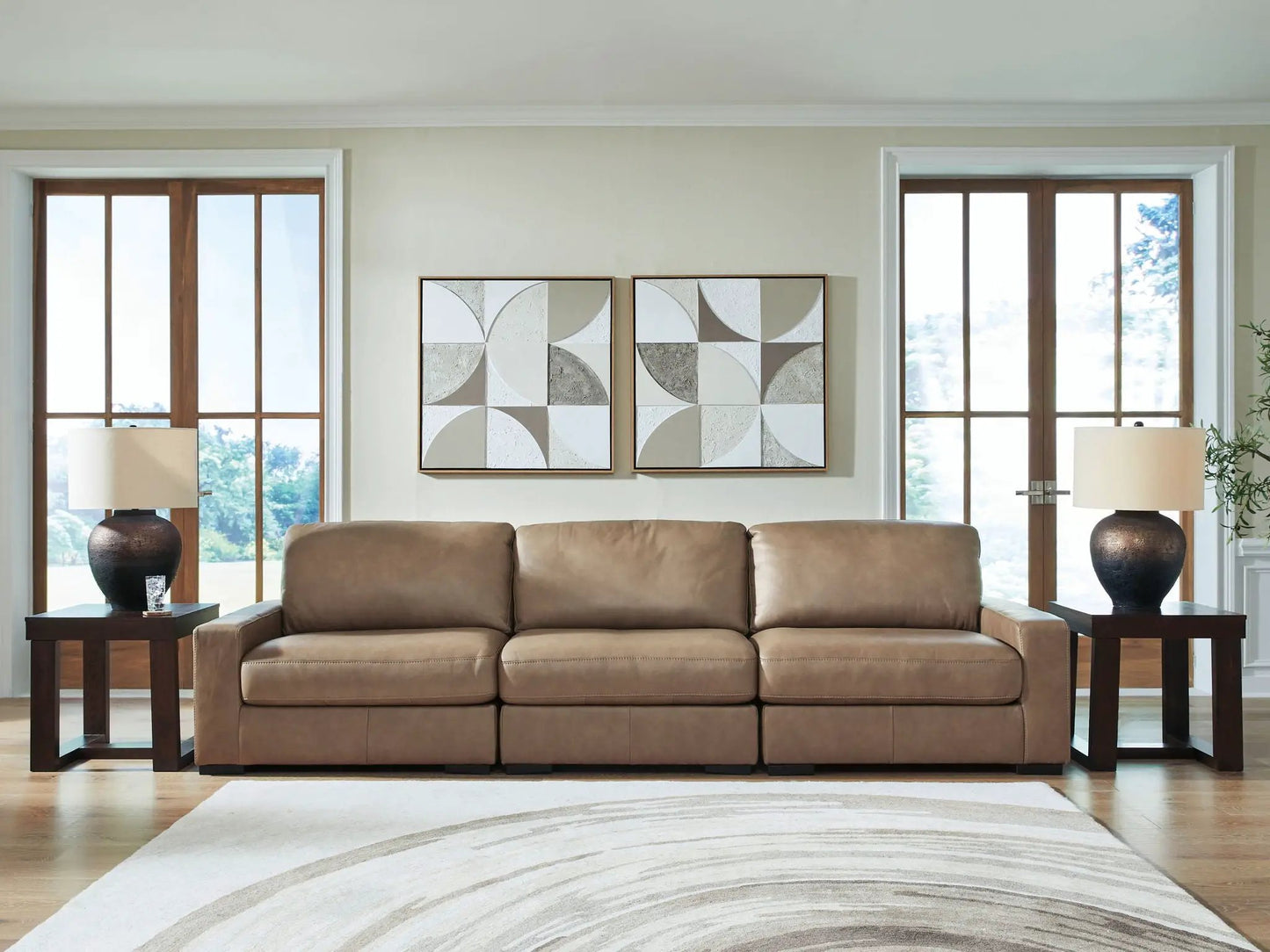 Veronella Sectional by Unique Piece Furniture, tan leather-look upholstery with dark wood on Tampa Home & Garden Store