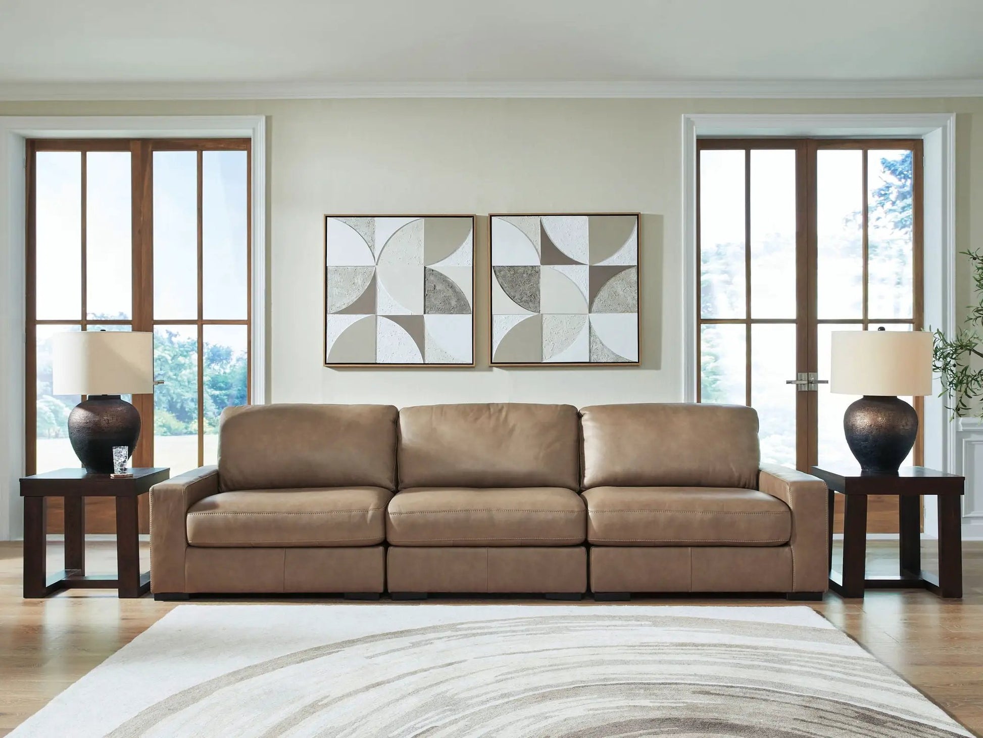 Veronella Sectional by Unique Piece Furniture, tan leather-look upholstery with dark wood on Tampa Home & Garden Store