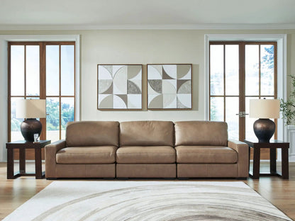 Veronella Sectional by Unique Piece Furniture, tan leather-look upholstery with dark wood on Tampa Home & Garden Store