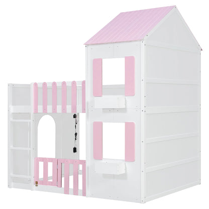 Full over full house bunk bed with storage, white finish, pink roof and pink rails on Tampa Home & Garden Store