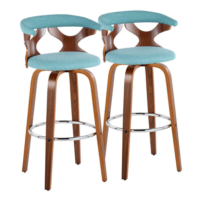 Mid Century Modern Swivel Barstool Set in teal upholstery with curved wood frames, 2 stools on Tampa Home & Garden Store