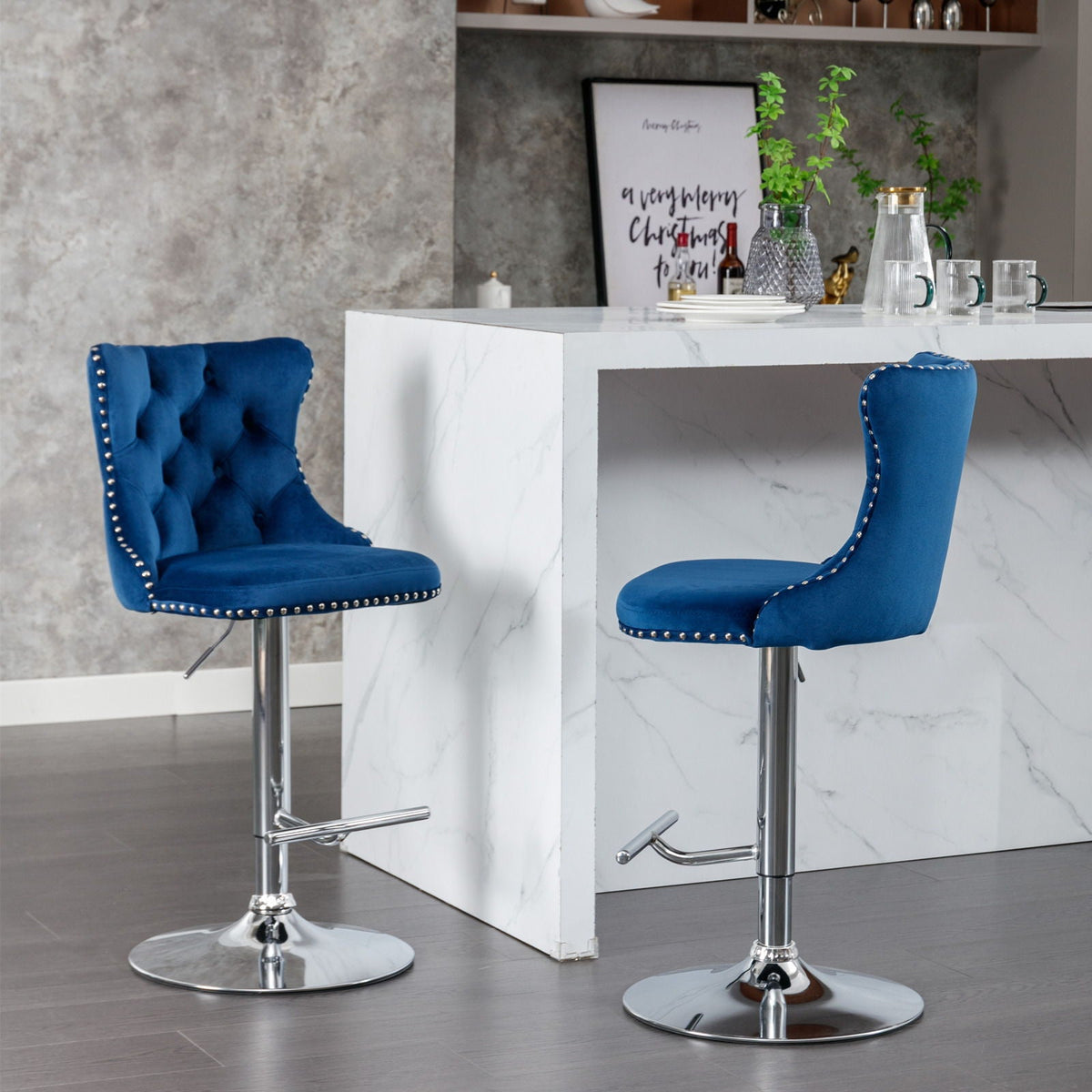 Swivel adjustable height blue velvet barstools set of 2, chrome pedestal bases, HouseOfZazla on Tampa Home & Garden Store