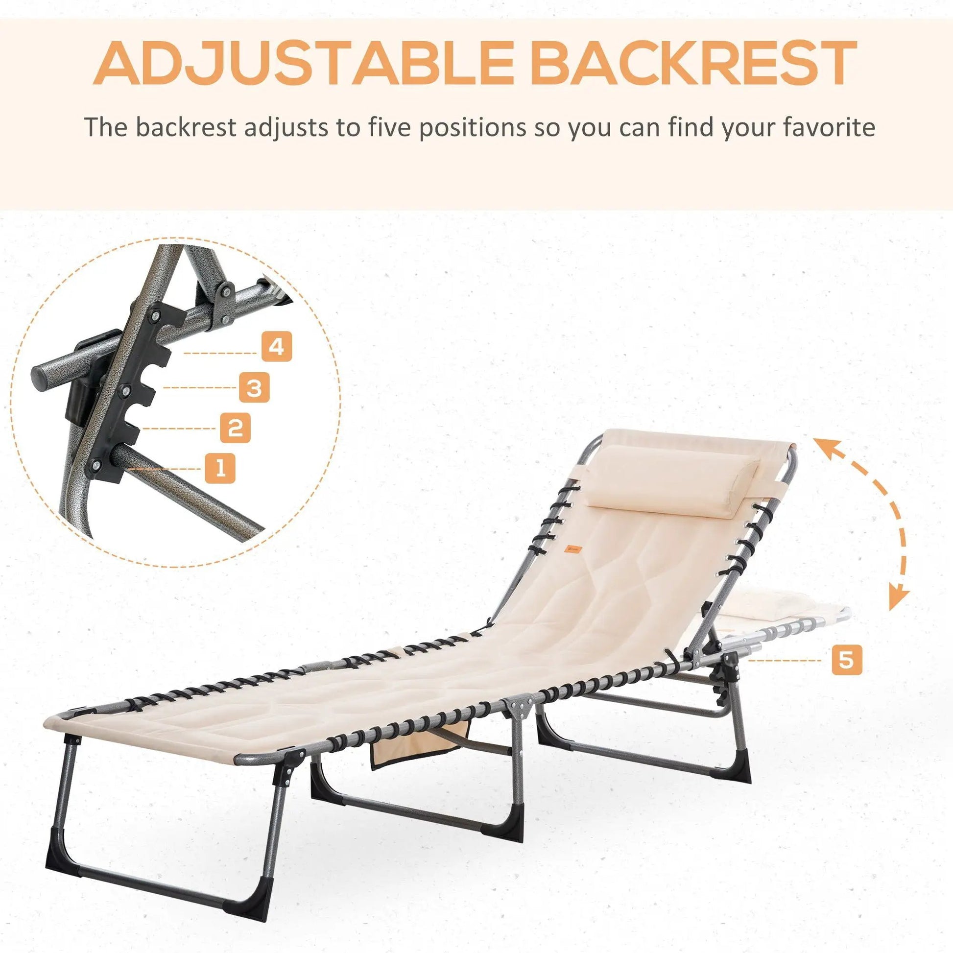 Outsunny padded folding chaise lounge chair beige with 6-level backrest and headrest for outdoors on Tampa Home & Garden Store