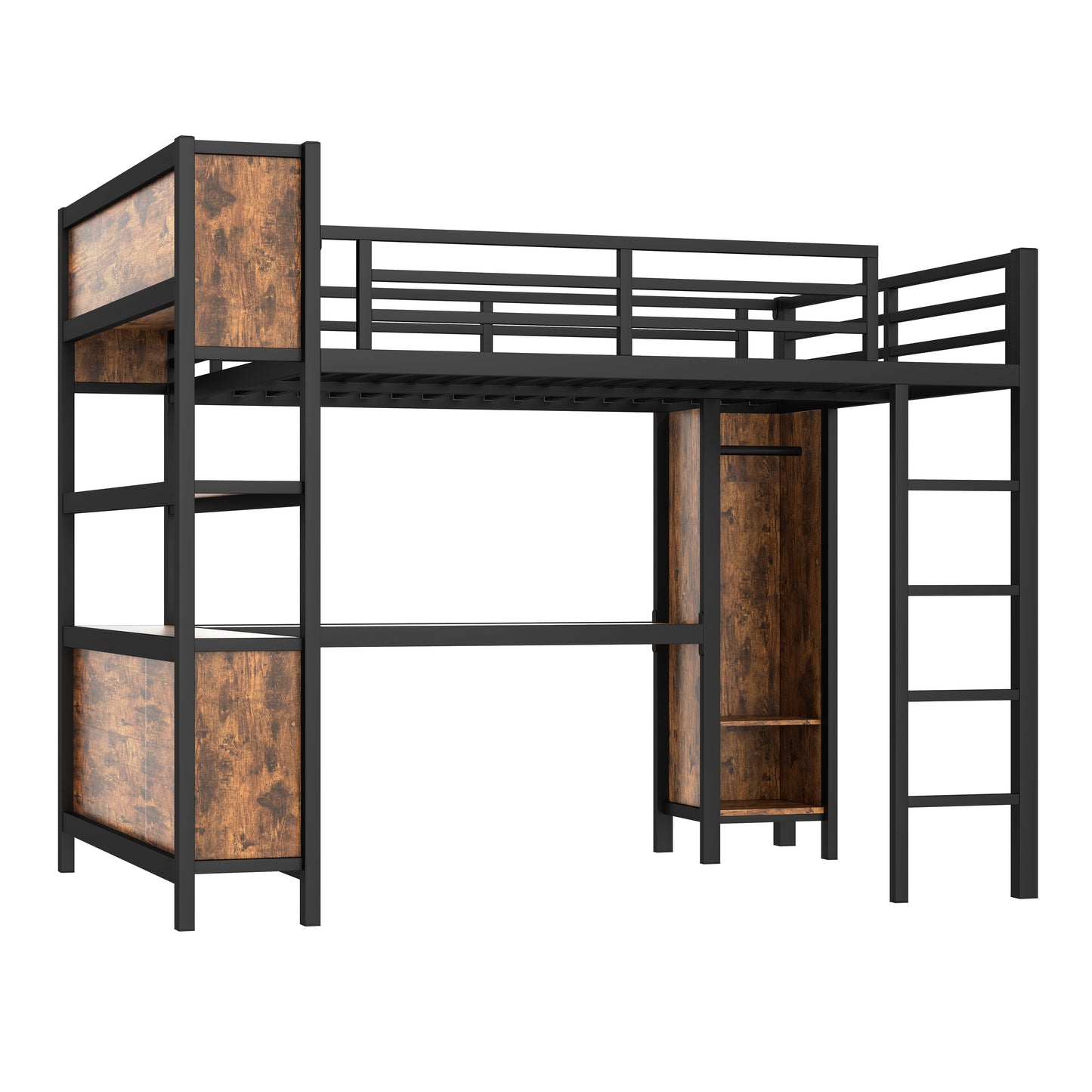 Metal loft bed with wardrobe and L-shaped desk, black frame with wood panels, HouseOfZazla on Tampa Home & Garden Store