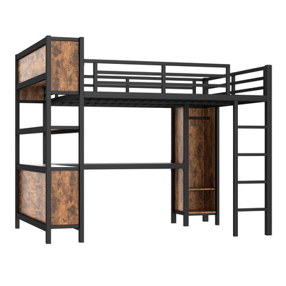 Metal loft bed with wardrobe and L-shaped desk, black frame with wood panels, HouseOfZazla on Tampa Home & Garden Store