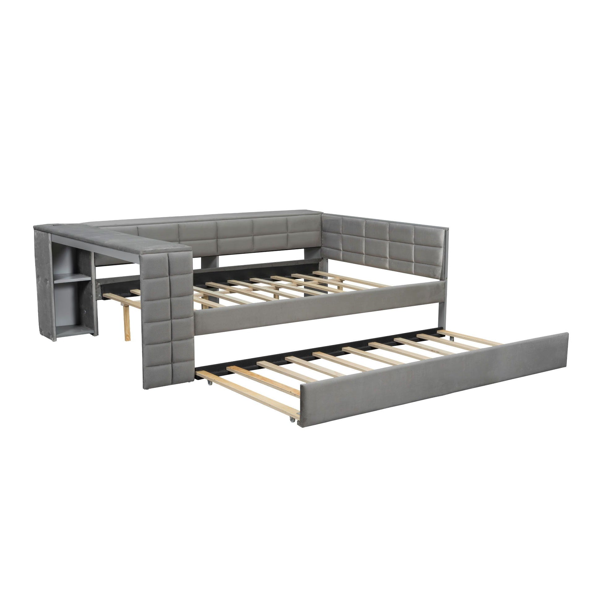 Upholstered platform bed with storage shelves and trundle in gray tufted frame on Tampa Home & Garden Store