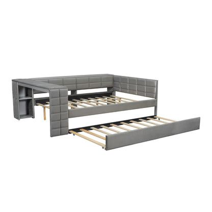 Upholstered platform bed with storage shelves and trundle in gray tufted frame on Tampa Home & Garden Store