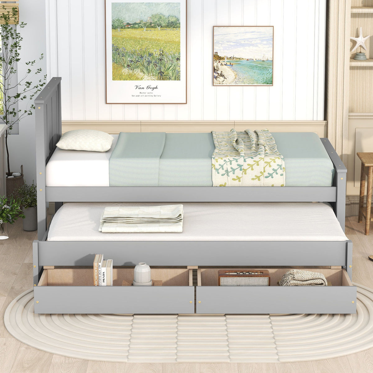 Platform bed with trundle and two gray drawers by HouseOfZazla with light blue mattress on Tampa Home & Garden Store