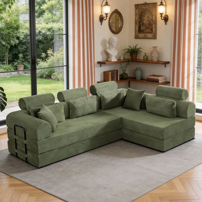 HouseOfZazla L-Shape Modular Sectional Sofa in green ribbed fabric compressed design on Tampa Home & Garden Store