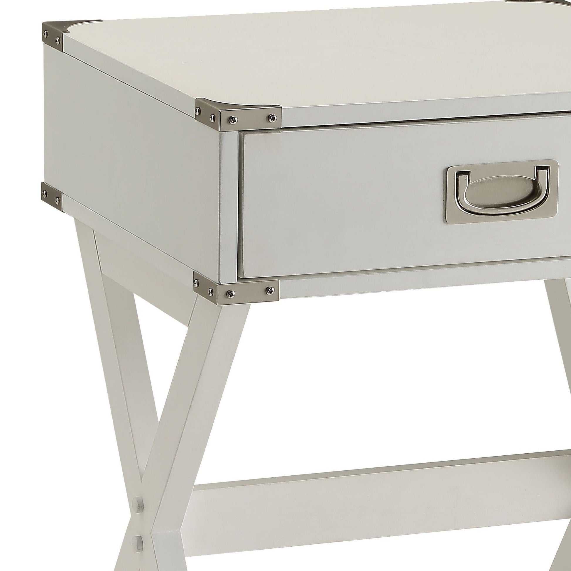Babs Accent Table silver metal finish with riveted corner brackets on Tampa Home & Garden Store