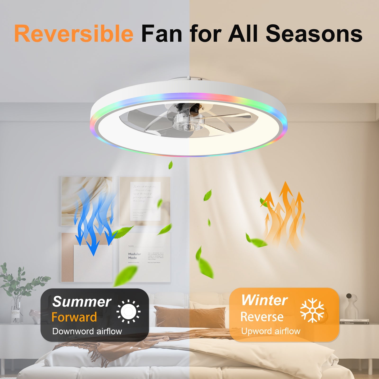 23.6in modern RGB ceiling fan with lights, white finish, HouseOfZazla on Tampa Home & Garden Store