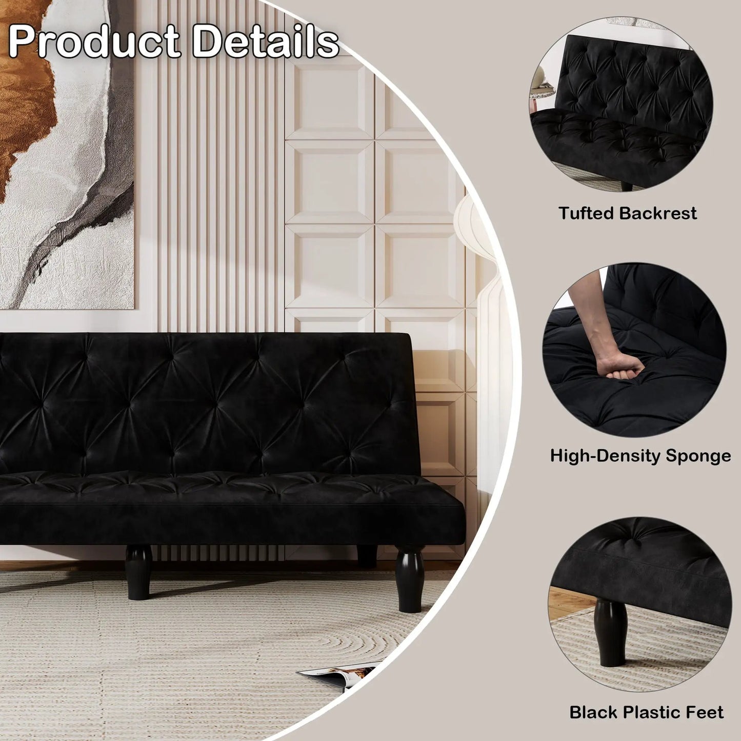 Sofa Bed With Adjustable Backrest, black tufted futon sofa by Unique Piece Furniture on Tampa Home & Garden Store