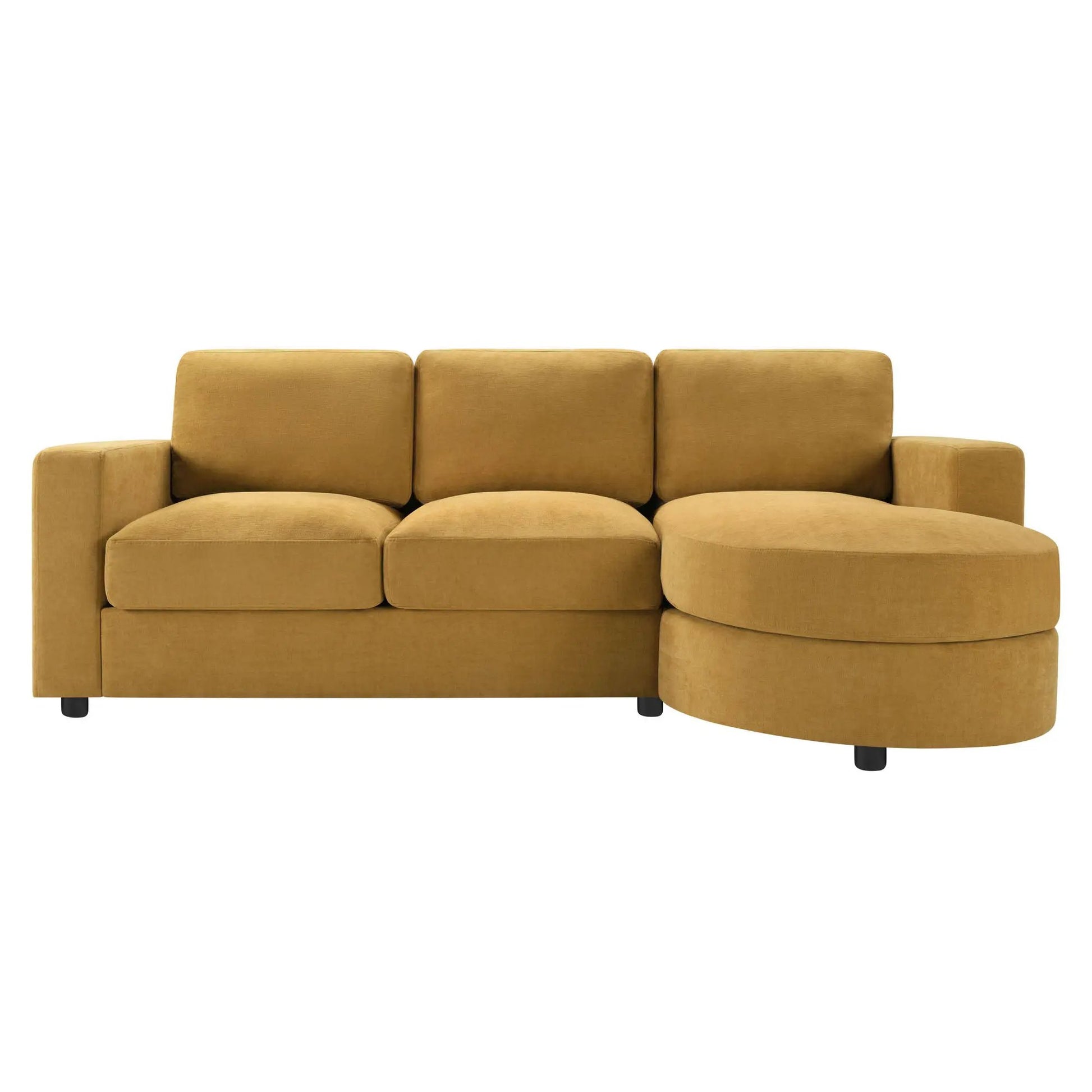 Modern L-shaped sectional sofa with curved right chaise in mustard fabric, three-seat cushions on Tampa Home & Garden Store