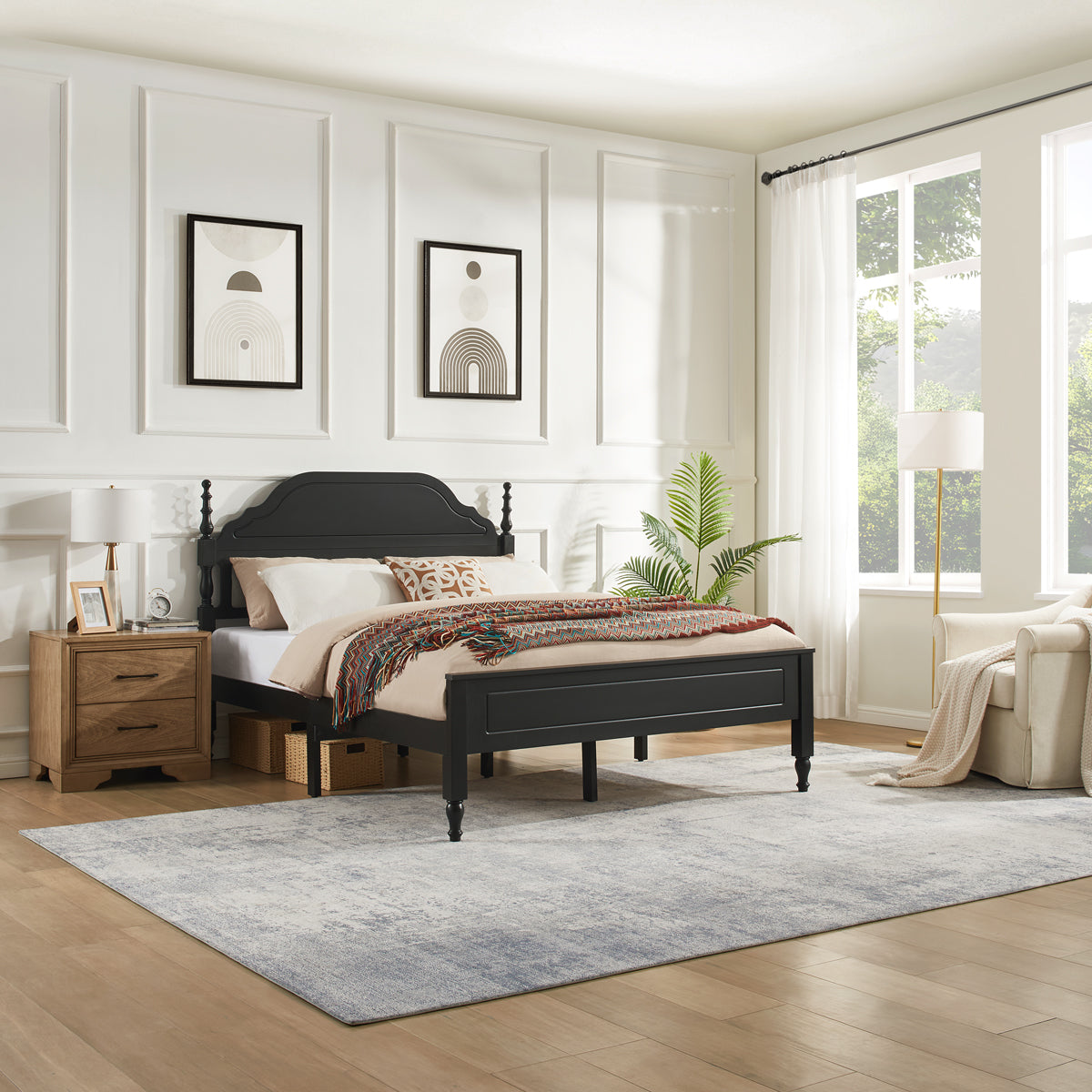 Queen bed with padded headboard insert in black finish; wood nightstand and beige bedding on Tampa Home & Garden Store