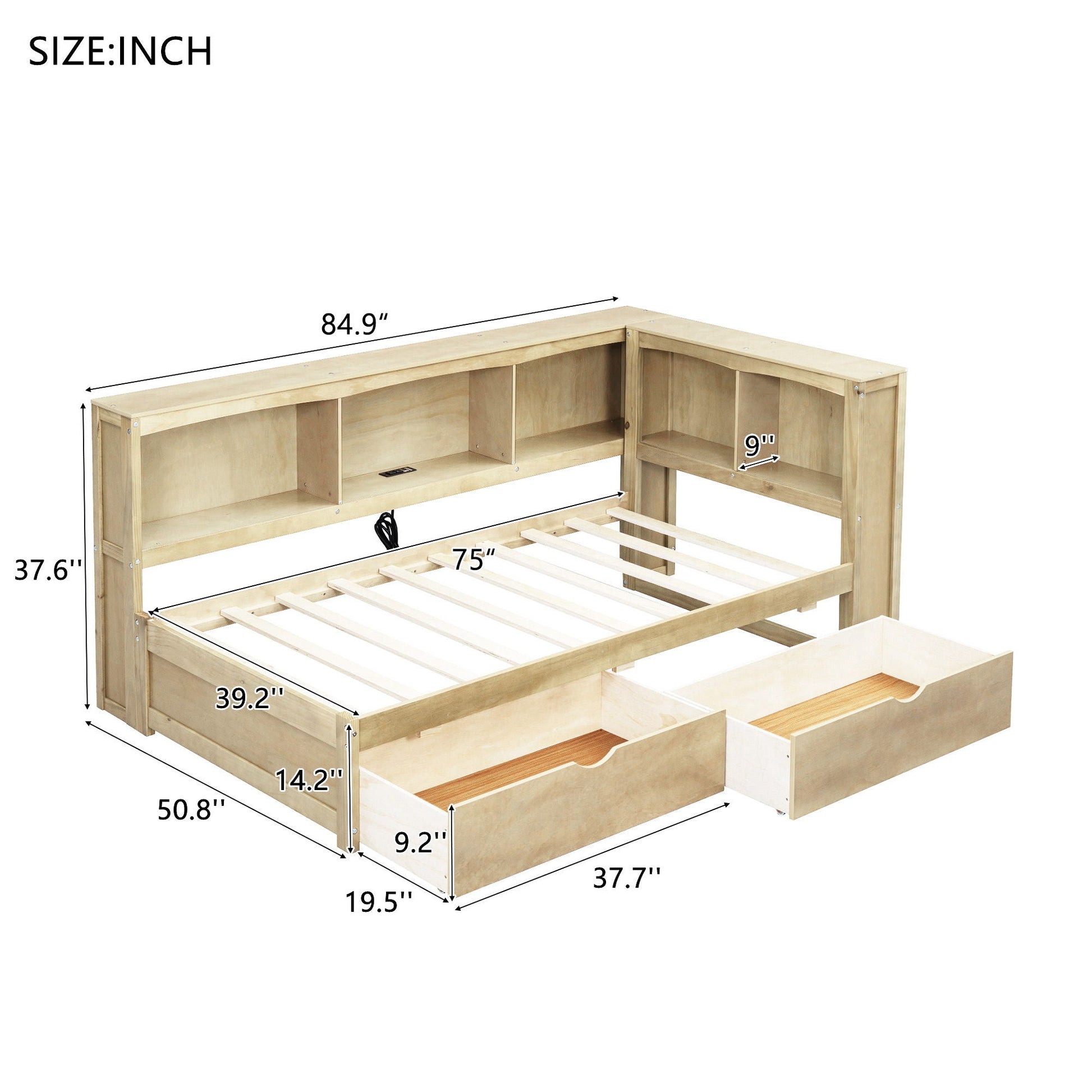 Daybed with 2 storage drawers in natural wood, featuring built-in cabinets and USB ports on Tampa Home & Garden Store