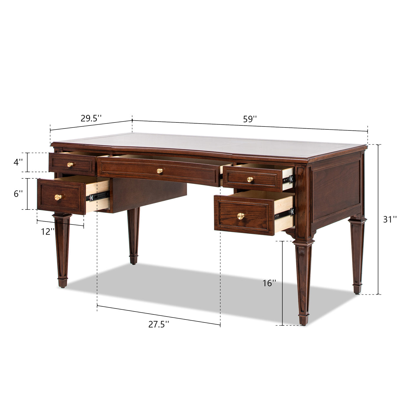Dauphin Gold Accent 5-Drawer Wood Executive Desk dark walnut ash veneer with gold hardware HouseOfZazla on Tampa Home & Garden Store