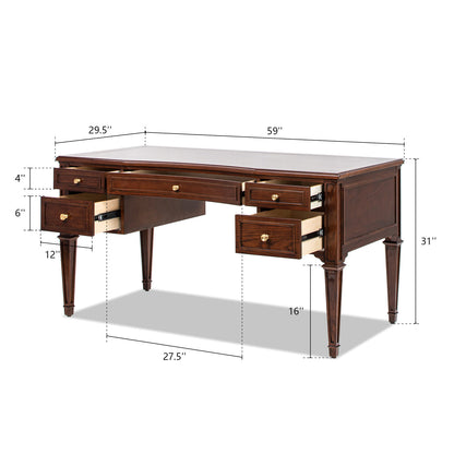 Dauphin Gold Accent 5-Drawer Wood Executive Desk dark walnut ash veneer with gold hardware HouseOfZazla on Tampa Home & Garden Store