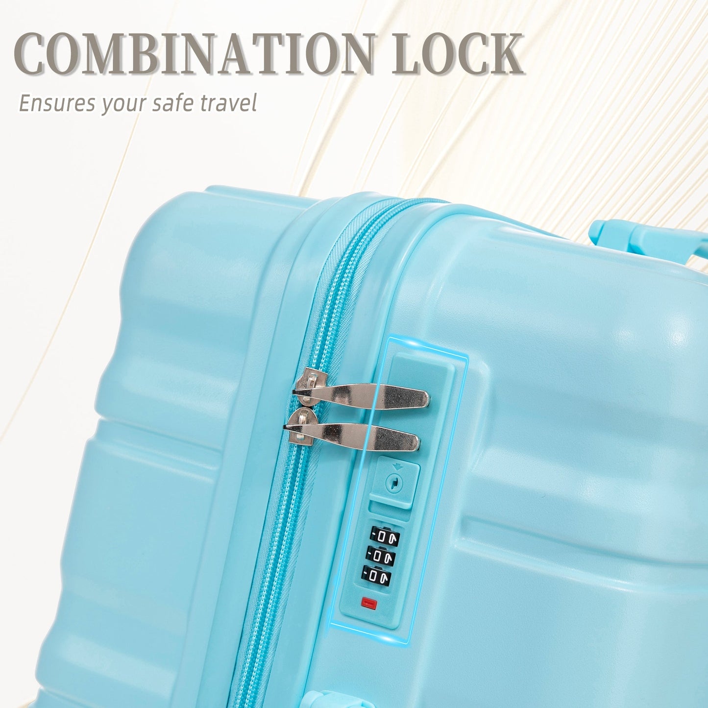 HIFINE Tourist 3-Piece blue ABS spinner luggage set by HouseOfZazla close-up with zipper lock on Tampa Home & Garden Store