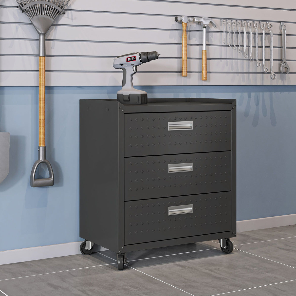 3-Drawer Rolling Garage Cabinet by HouseOfZazla on wheels, dark gray steel on Tampa Home & Garden Store