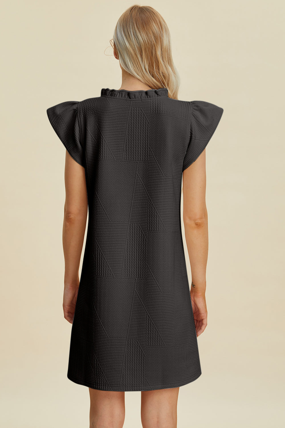 Double Take full-size dress ruffled cap sleeve with charcoal textured pattern back view on Tampa Home & Garden Store