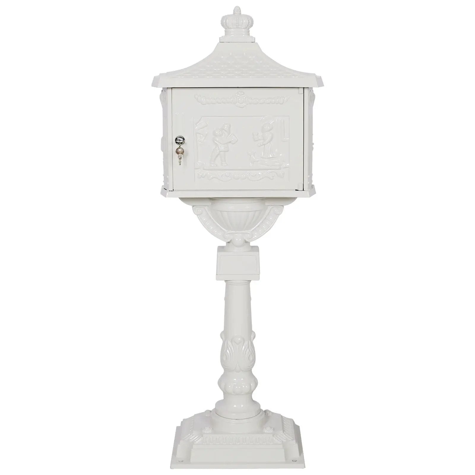 Cast aluminum mailbox on pedestal with embossed scene, Unique Piece Furniture outdoor decor on Tampa Home & Garden Store