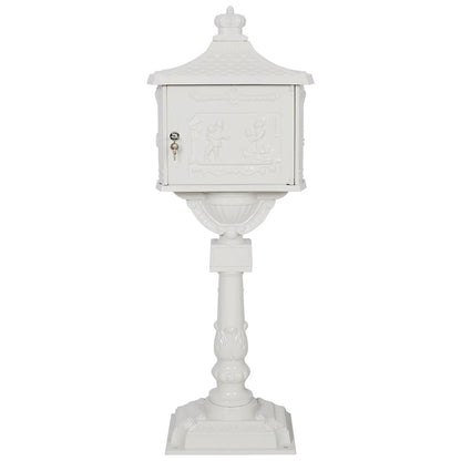 Cast aluminum mailbox on pedestal with embossed scene, Unique Piece Furniture outdoor decor on Tampa Home & Garden Store