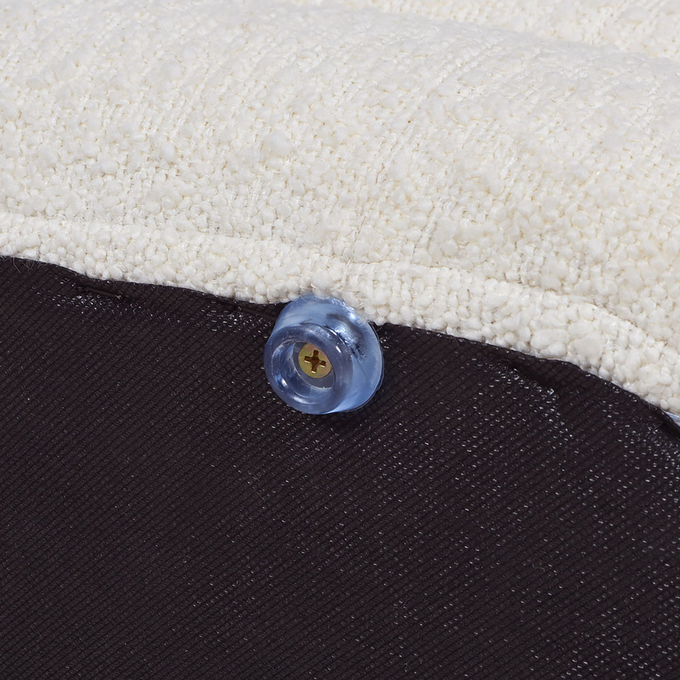Fuji upholstered oval storage bench with white textured boucle fabric and blue foot glide on Tampa Home & Garden Store