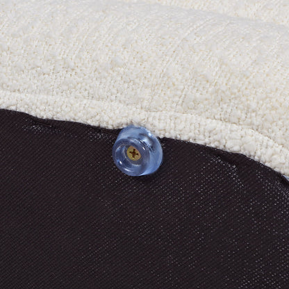 Fuji upholstered oval storage bench with white textured boucle fabric and blue foot glide on Tampa Home & Garden Store