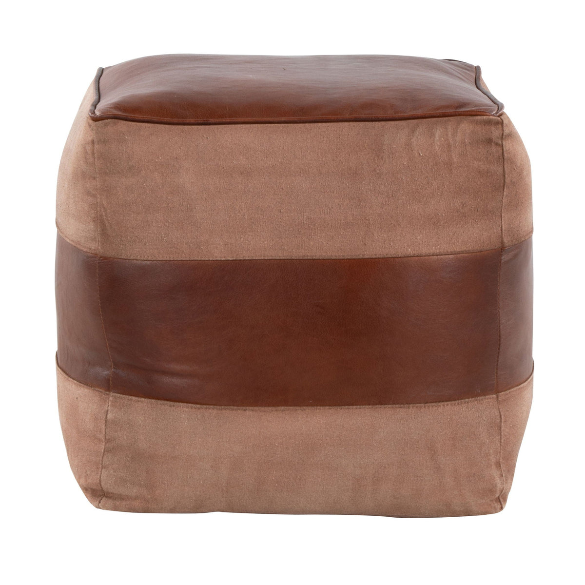 Industrial pouf ottoman with brown leather top and tan fabric body on Tampa Home & Garden Store