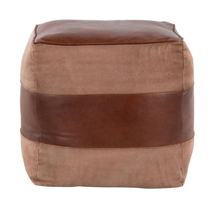 Industrial pouf ottoman with brown leather top and tan fabric body on Tampa Home & Garden Store