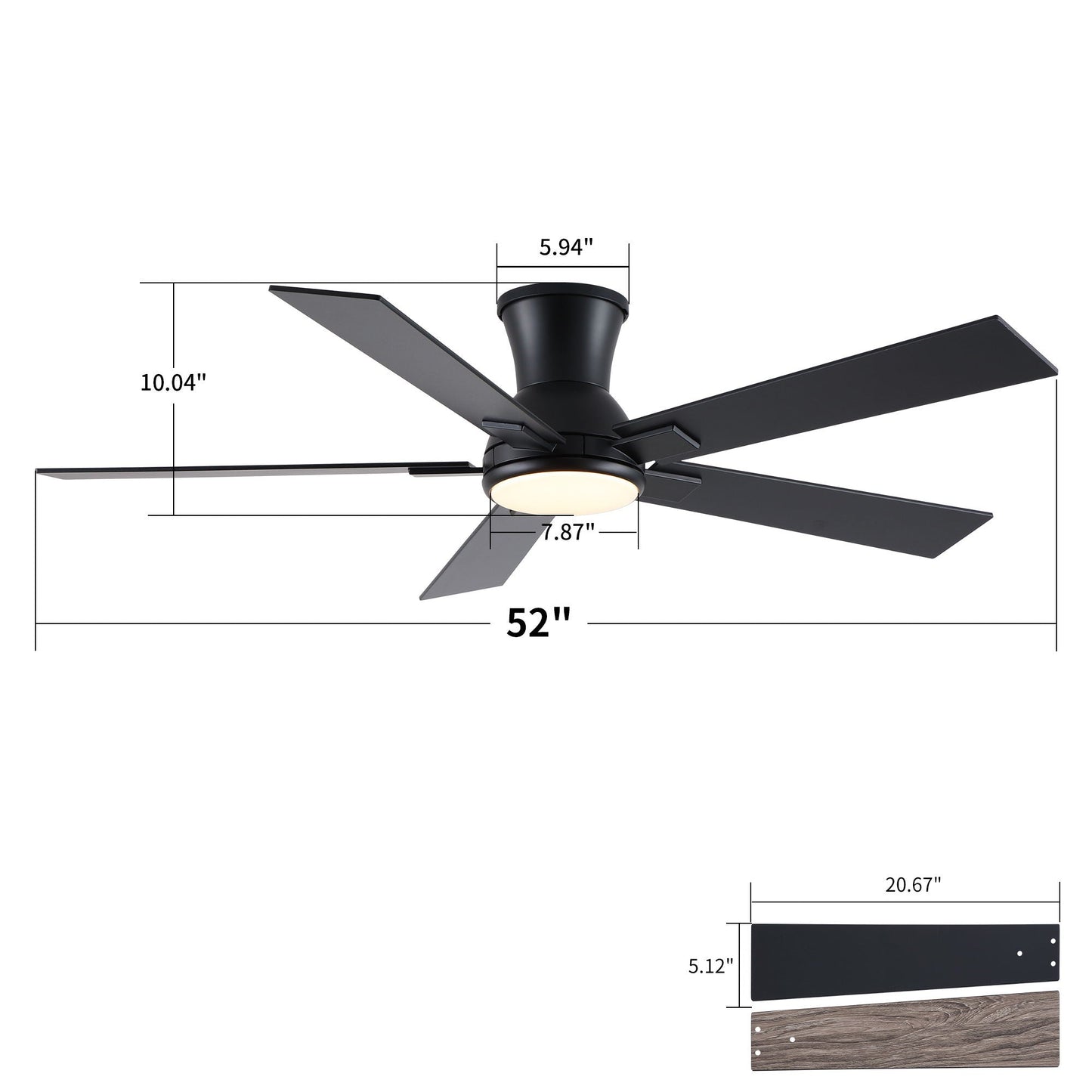 Ceiling fan HouseOfZazla low-profile flush-mount with LED light, 5 black blades, 52in span on Tampa Home & Garden Store