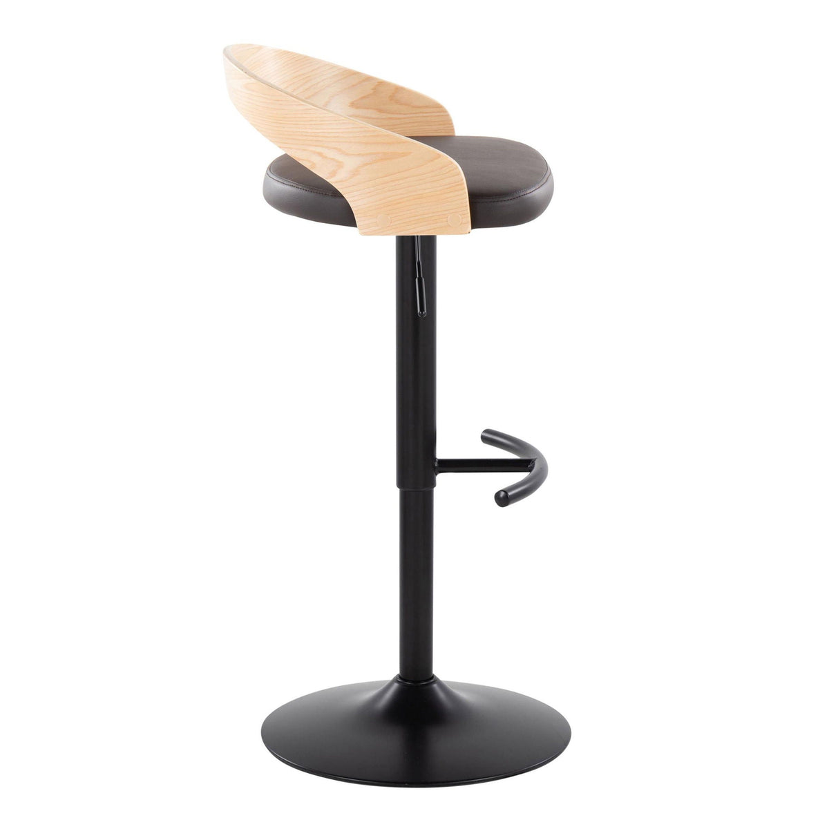 Adjustable swivel barstool with black cushion and light wood curved backrest on a pedestal base on Tampa Home & Garden Store