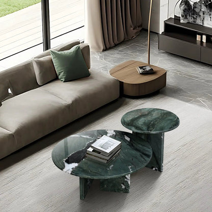 Elegant Coffee Duo Table Set: two round green marble tables with black bases on Tampa Home & Garden Store