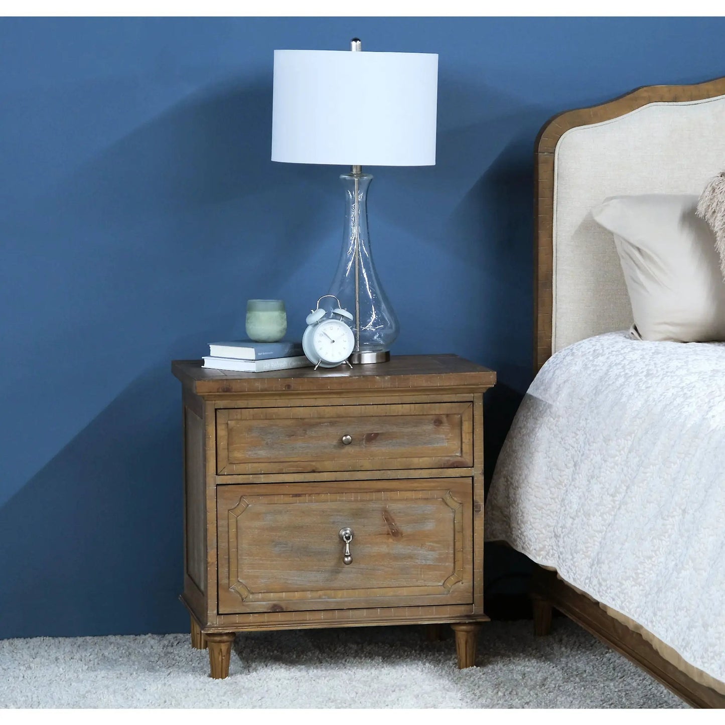 2 Drawer Nightstand Taupe wood finish with two drawers and turned legs bedside setup with lamp on Tampa Home & Garden Store