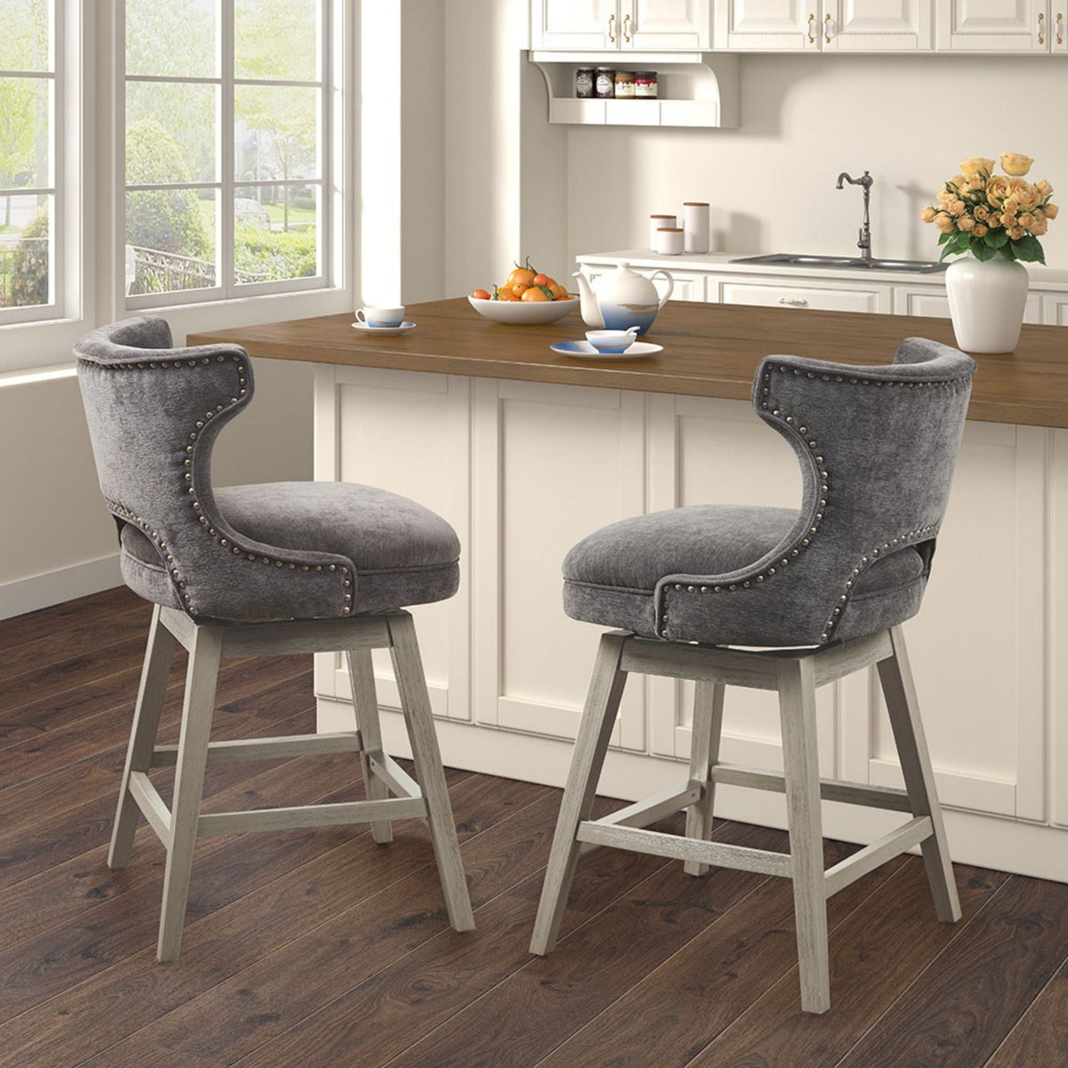 360 Degree Swivel Counter Stool dark gray fabric with silver detailing, nailhead trim, 24–27in, 2 on Tampa Home & Garden Store