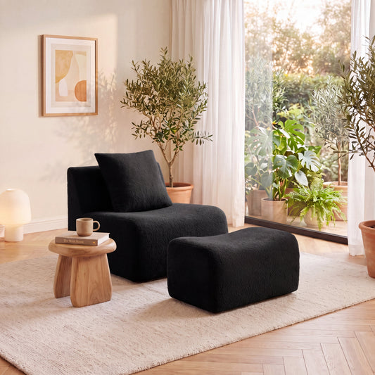 Soft Teddy Fabric Boneless Sofa in black textured upholstery, modern lounge seating on Tampa Home & Garden Store