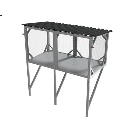 Cat Window Box cage in gray metal frame with mesh panels and corrugated roof on Tampa Home & Garden Store