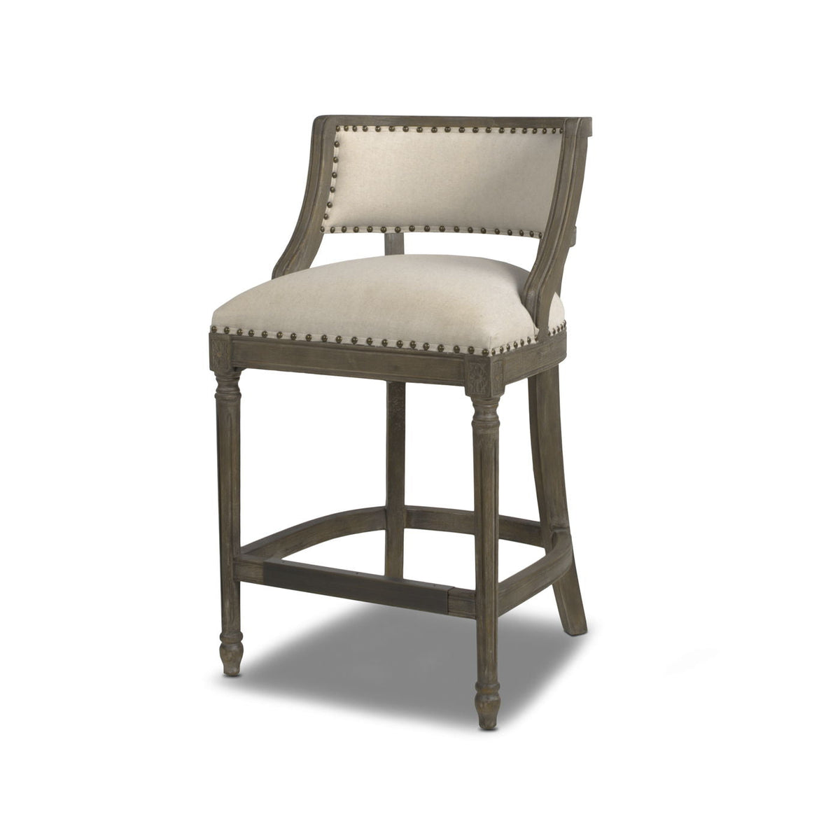Farmhouse counter height bar stool with backrest beige upholstery wooden frame on Tampa Home & Garden Store