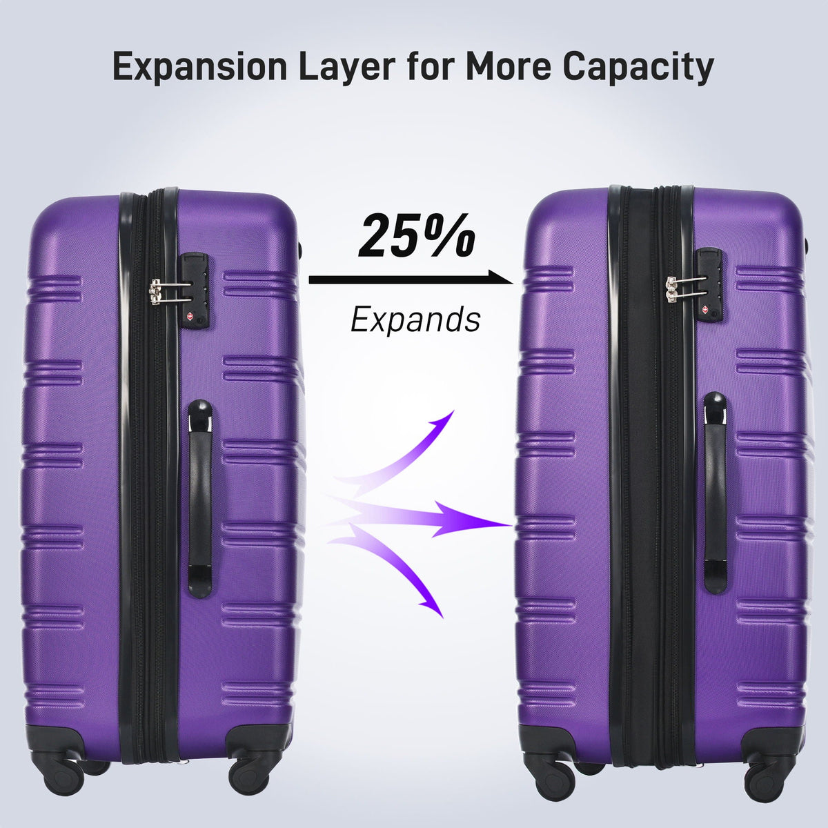 Two purple hardshell spinner suitcases with black zippers and wheels expansion graphic on Tampa Home & Garden Store