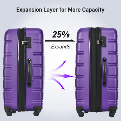 Two purple hardshell spinner suitcases with black zippers and wheels expansion graphic on Tampa Home & Garden Store