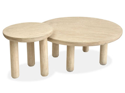 Sunset Cove nesting cocktail tables in natural wood finish; two round tables with chunky legs on Tampa Home & Garden Store