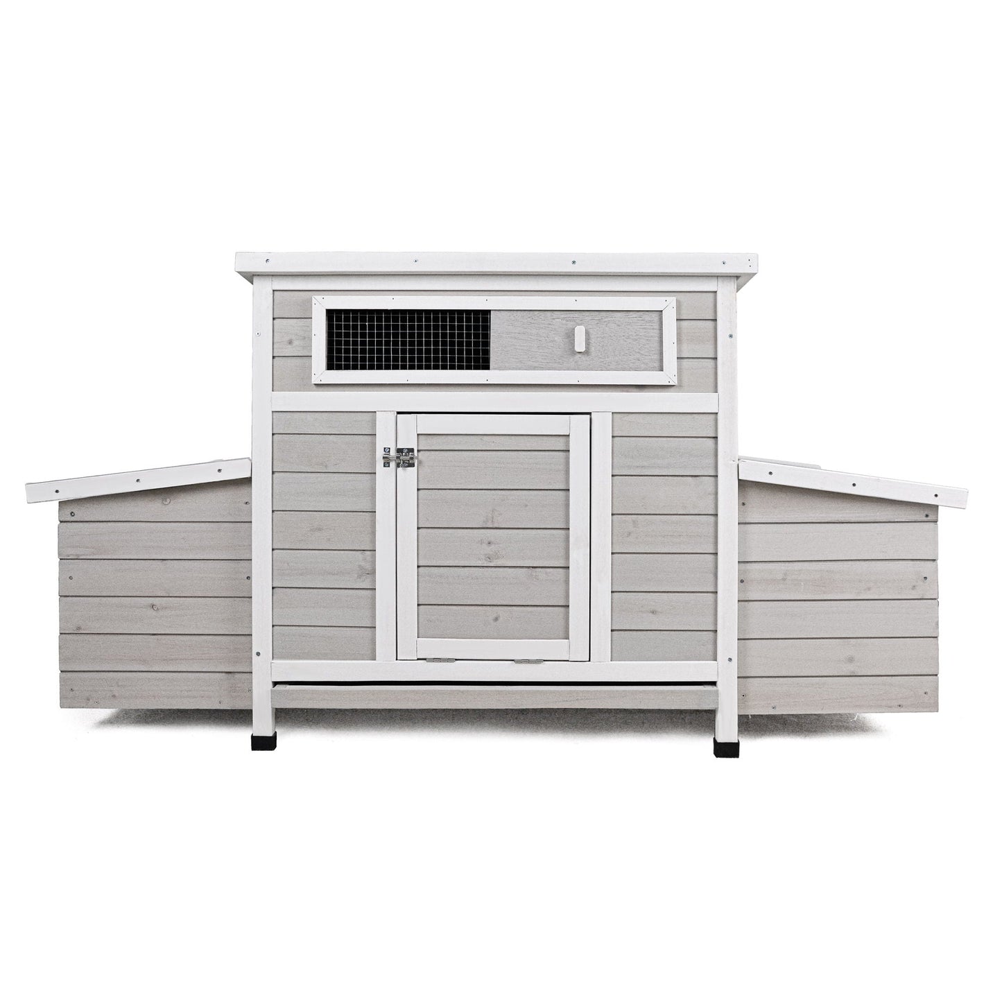 Large chicken coop with dual nesting boxes, gray wood and white trim, sturdy latch on Tampa Home & Garden Store