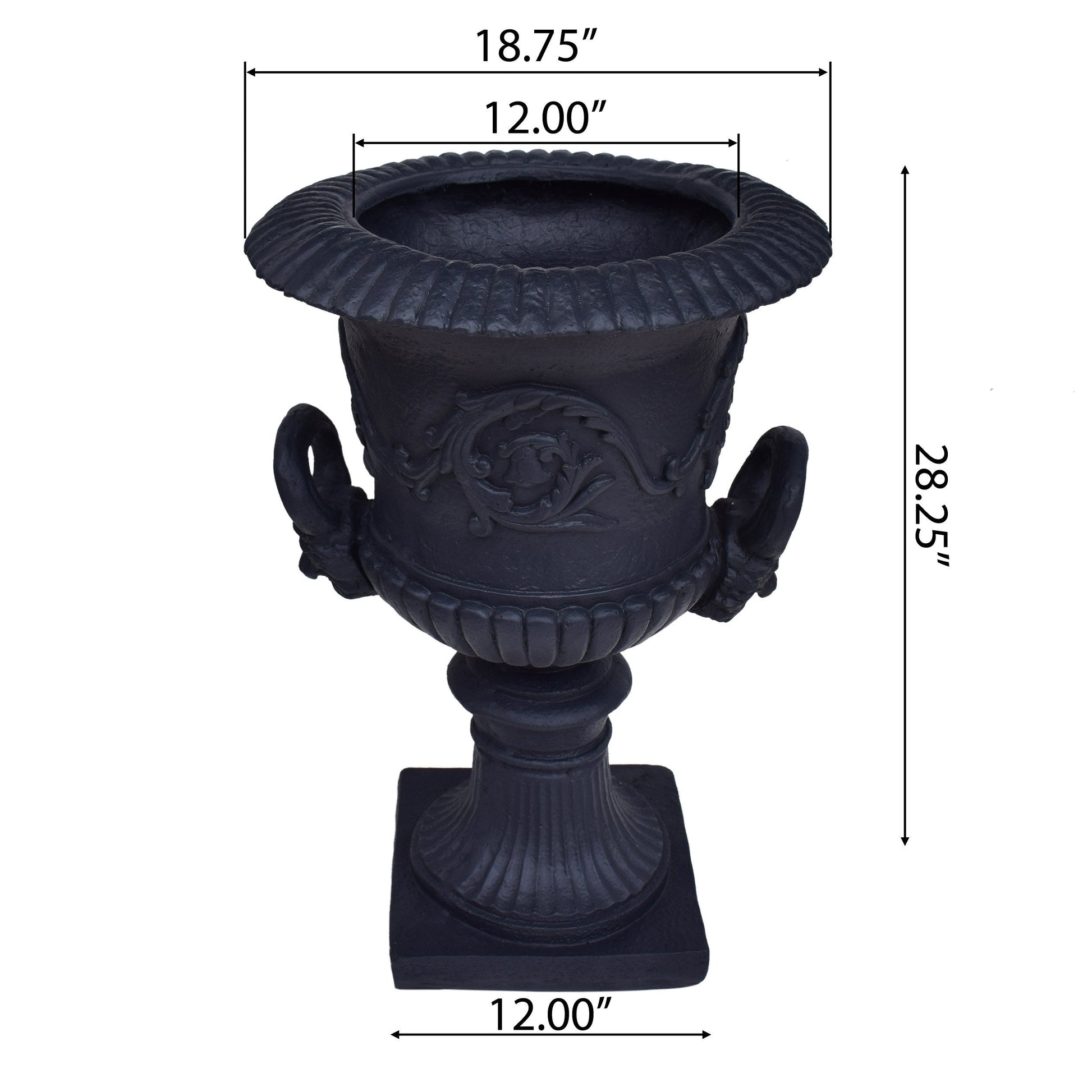 MGO Garden Urn Planter by HouseOfZazla, black urn-style planter with relief, 12in opening on Tampa Home & Garden Store
