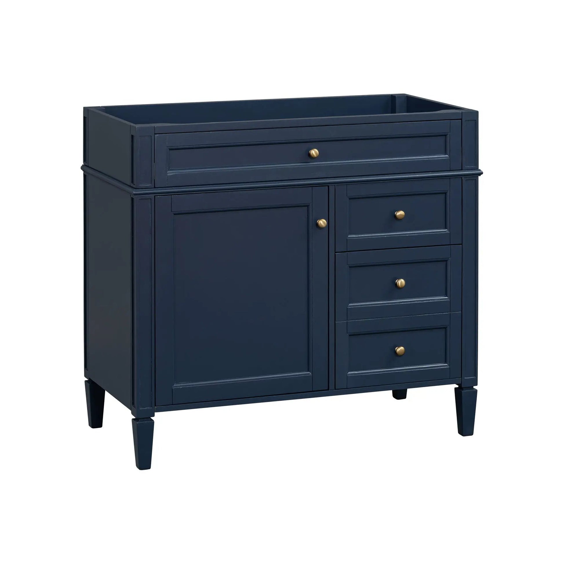 Bathroom vanity base navy blue with 2 drawers and a tip-out drawer, brass knobs on Tampa Home & Garden Store