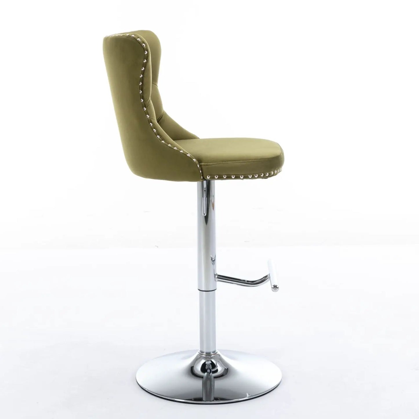 Olive green upholstered swivel bar stool with nailhead trim and chrome pedestal base on Tampa Home & Garden Store