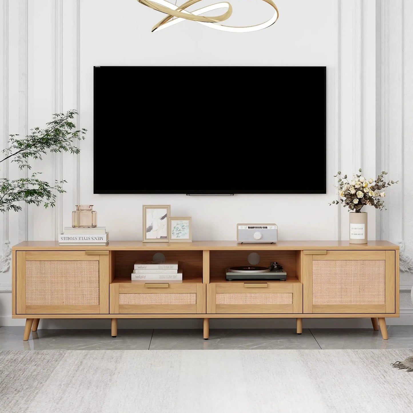 Rattan and Solid Wood TV Stand With Cable
