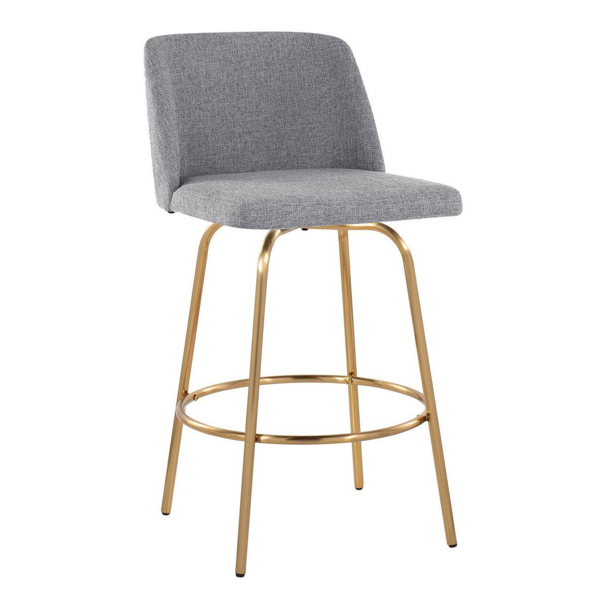 Toriano counter stool gray upholstered seat with curved back, gold legs, swivel; set of 2 on Tampa Home & Garden Store