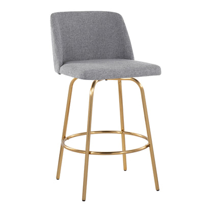 Toriano counter stool gray upholstered seat with curved back, gold legs, swivel; set of 2 on Tampa Home & Garden Store