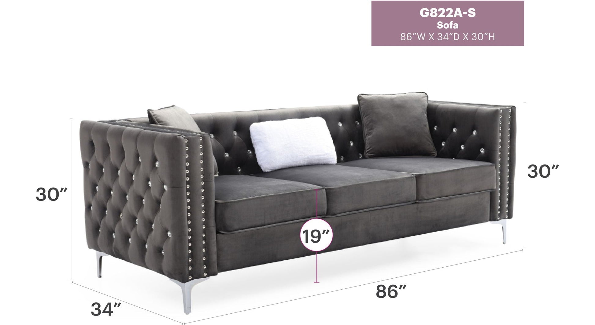 Paige sofa by HouseOfZazla, dark gray velvet stationary sofa with tufted back and nailhead trim on Tampa Home & Garden Store