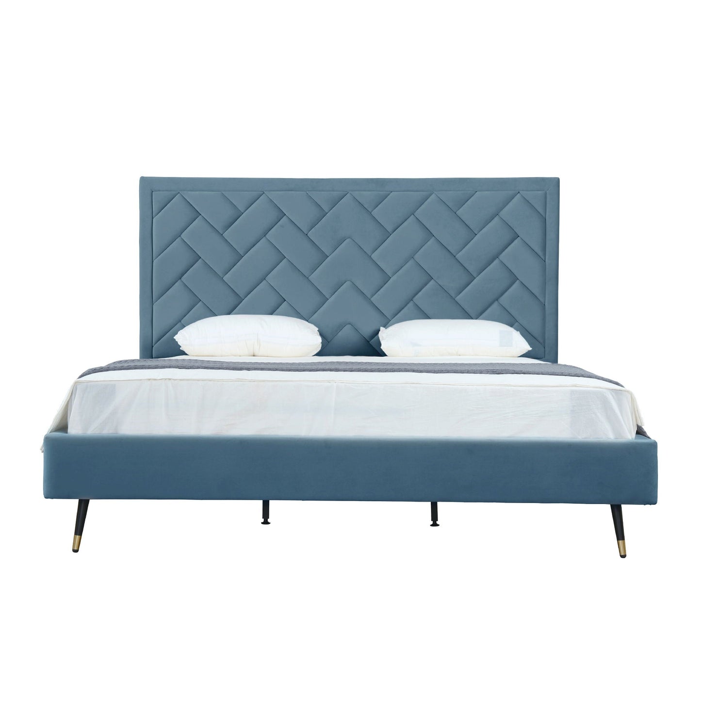 Crosby upholstered bed with blue diamond-tufted headboard and slats on Tampa Home & Garden Store